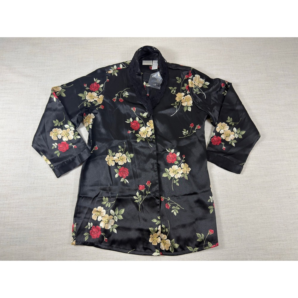 Adonna Black Floral Satin Pajama Top Lace Trim Rose Print Button Front Small